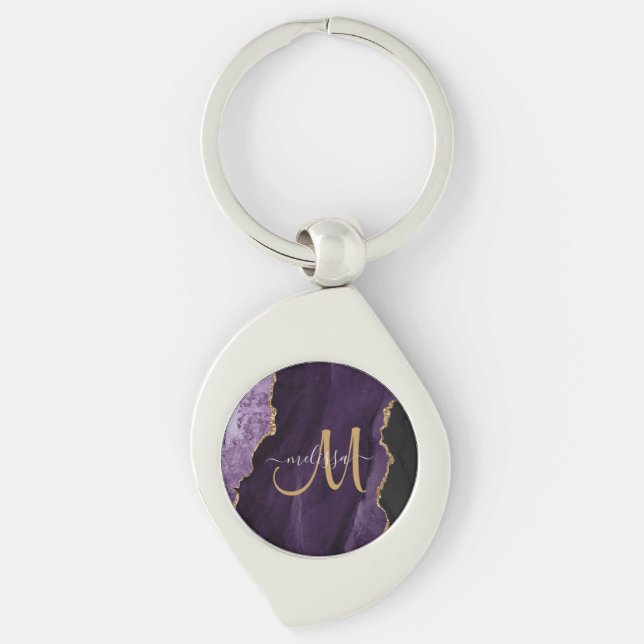 Chic Purple Gold Glitter Agate Custom Monogram Key Ring (Front)