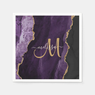 Chic Purple Gold Glitter Agate Custom Monogram Napkin