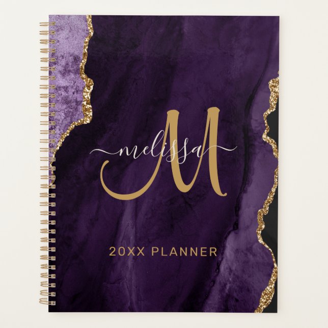 Chic Purple Gold Glitter Agate Monogram 2024 Planner (Front)