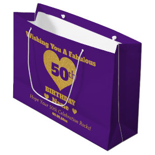 Chic Purple & Gold Glitter Hearts 50th Birthday Large Gift Bag
