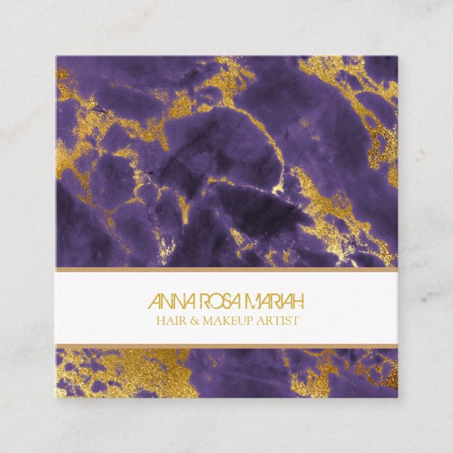*~* Chic Purple Gold Marble Girly Hair Makeup Square Business Card (Front)