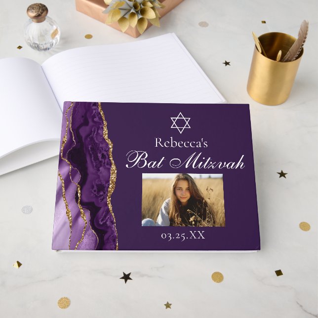 Chic Purple Gold Mitzvah Party Photo Custom Guest Book (Front Open)