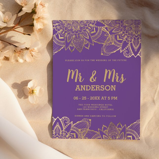 Chic purple gold script MR MRS mandala Wedding Invitation (Chic purple gold script MR MRS mandala Wedding )