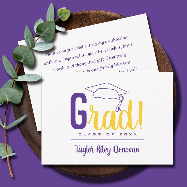 Chic Purple Grad Cap Graduation Card (3.5" x 5" purple and yellow Grad and graduation cap flat note cards, your message on the back)