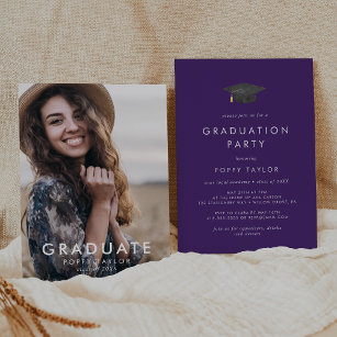 Chic Purple Grad Cap Photo Graduation Party Invitation