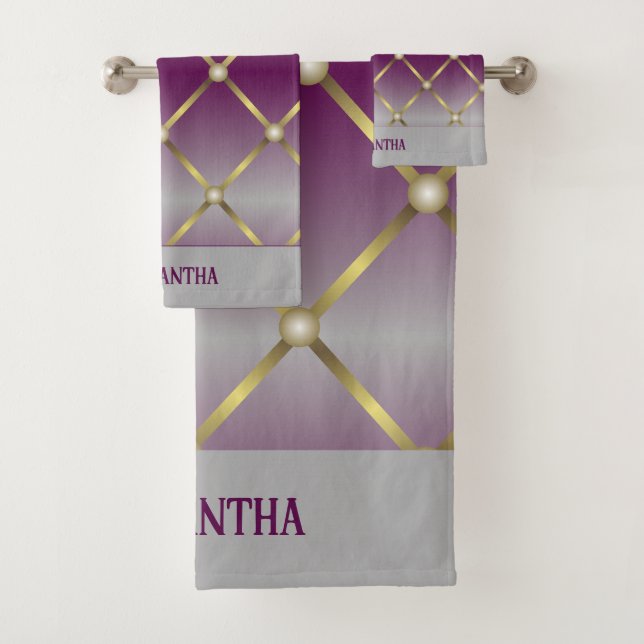Chic Purple Grey And Gold Mesh Geometric Bath Towel Set (Insitu)