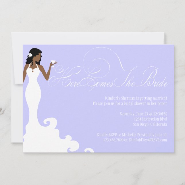 Chic Purple Here Comes the Bride Shower Invite (Front)