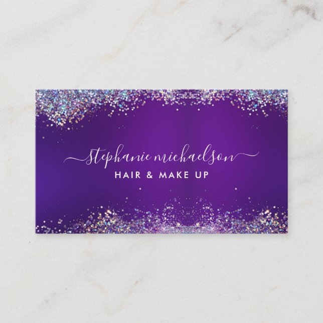 Chic Purple Holographic Glitter Hair Makeup Salon Business Card (Front)