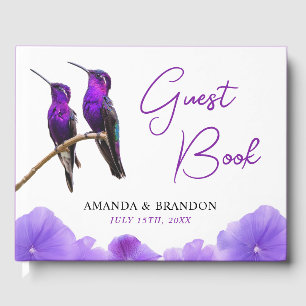 Chic Purple Hummingbirds and Petals Wedding Guest Book
