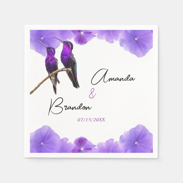 Chic Purple Hummingbirds and Petals Wedding Napkin (Front)