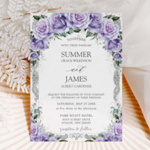 Chic Purple Lavender Roses Floral Silver Wedding Invitation