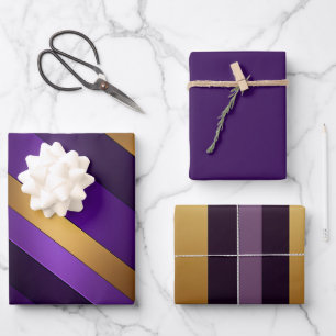 Chic Purple, Lilac, and Gold Striped Wrapping Paper Sheet