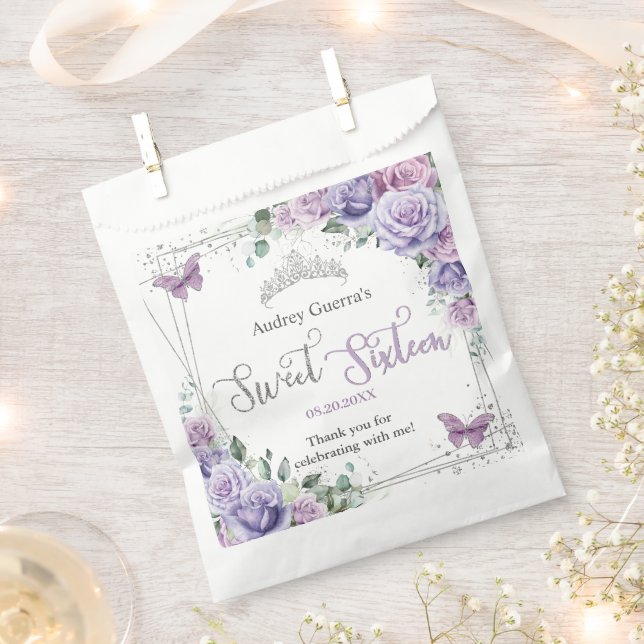Chic Purple Lilac Floral Butterflies Sweet Sixteen Favour Bags (Clipped)