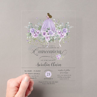 Chic Purple Lilac Floral Girl Dress Quinceañera XV Acrylic Invitations