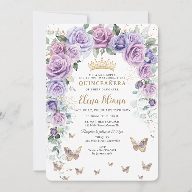 Chic Purple Lilac Lavender Floral Arch Quinceañera Invitation (Front)