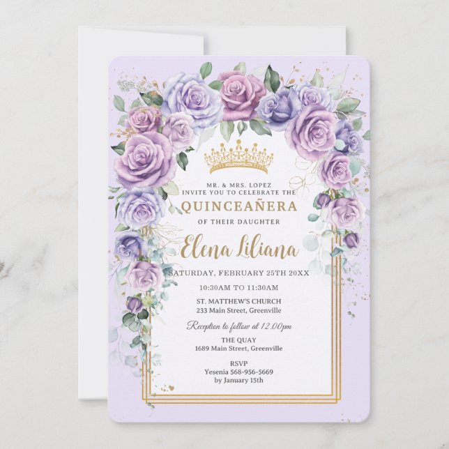 Chic Purple Lilac Lavender Floral Gold Quinceañera Invitation (Front)