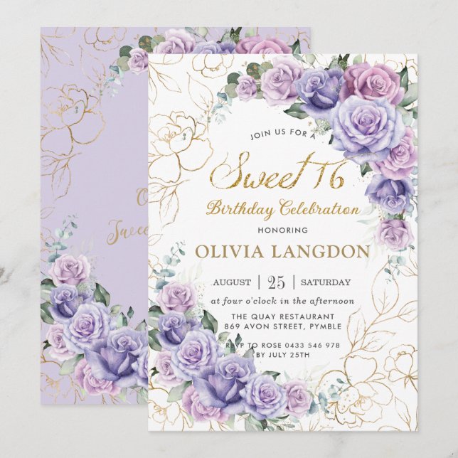 Chic Purple Lilac Lavender Roses Sweet 16 Birthday Invitation (Front/Back)