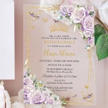 Chic Purple Lilac Roses Floral Gold Quinceañera XV Acrylic Invitations<br><div class="desc">Personalise this elegant purple lilac floral Quinceañera / Sweet 16 birthday acrylic invitation easily and quickly. Simply click the customise it further button to edit the texts, change fonts and fonts colours. Featuring exquisite purple lilac roses, charming butterflies and chic gold accents. All text is editable. This beautiful and versatile...</div>