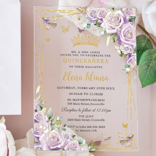Chic Purple Lilac Roses Floral Gold Quinceañera XV Acrylic Invitations