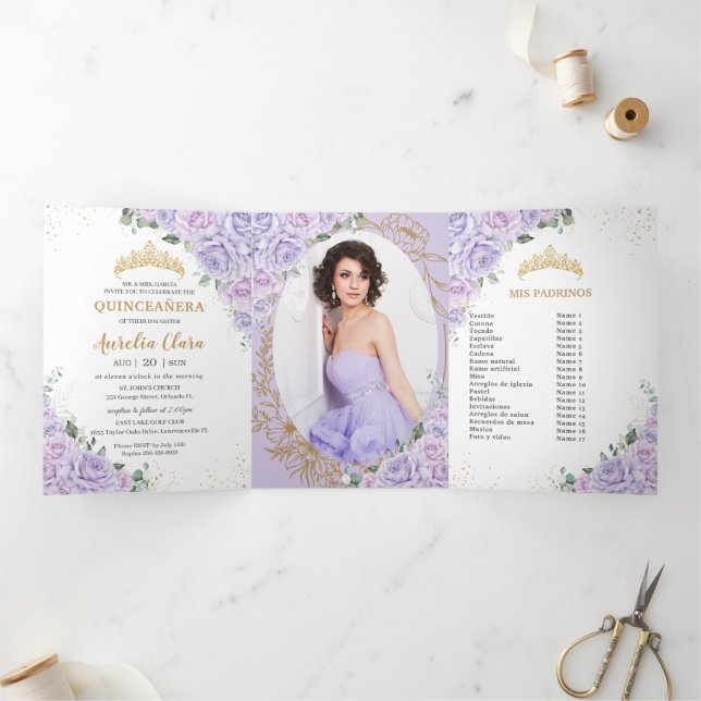 Chic Purple Lilac Roses Floral Quinceañera Photos Tri-Fold Invitation (Inside)
