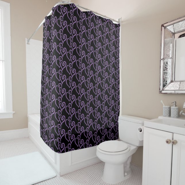 Chic Purple Linked Heart Pattern Over Black  Shower Curtain (In Situ)
