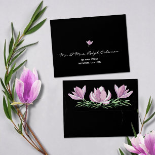 Chic Purple Magnolias on Black Addressed RSVP Envelope
