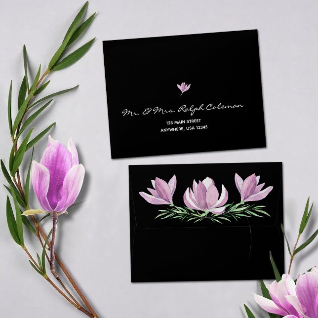 Chic Purple Magnolias on Black Addressed RSVP Envelope (Chic purple magnolias on black RSVP envelopes with FREE return address on the front)