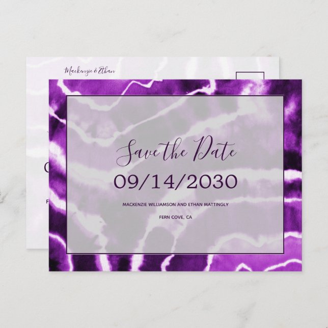 Chic Purple Marble Tie Dye Wedding Save the Date Announcement Postcard (Front/Back)