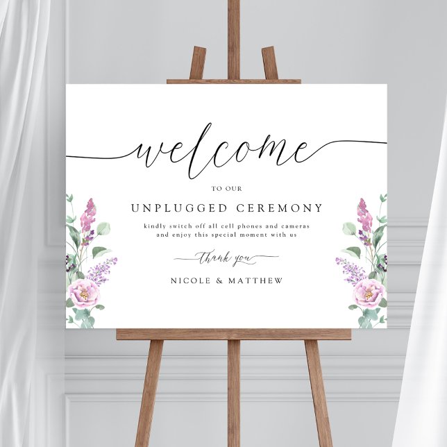 Chic Purple, Mauve Floral Unplugged Ceremony Sign (Creator Uploaded)