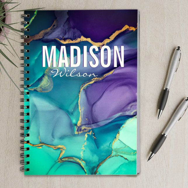 Chic purple mint gold faux glitter marble monogram notebook (Creator Uploaded)