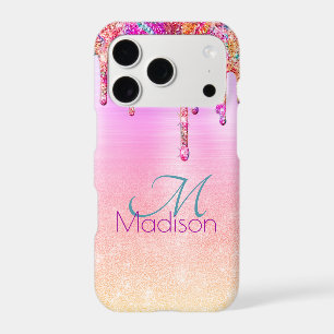 Chic purple orange ombre glitter drips monogram