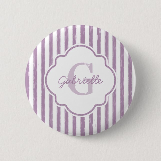 Chic Purple Painted Stripes Monogram and Name 6 Cm Round Badge (Front)