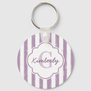 Chic Purple Painted Stripes Monogram and Name Key Ring