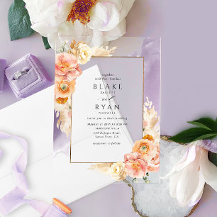 Chic Purple, Peach, Blush and Cream Floral Wedding Acrylic Invitations