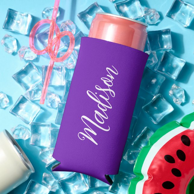 Chic Purple Personalised Name Handwritten Script Seltzer Can Cooler (In Situ Summer)