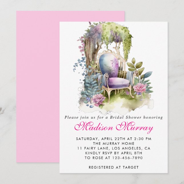 Chic Purple Pink Floral Garden Chair Bridal Shower Invitation (Front/Back)