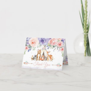 Chic Purple Pink Floral Tribal Woodland Animals  Thank You Card
