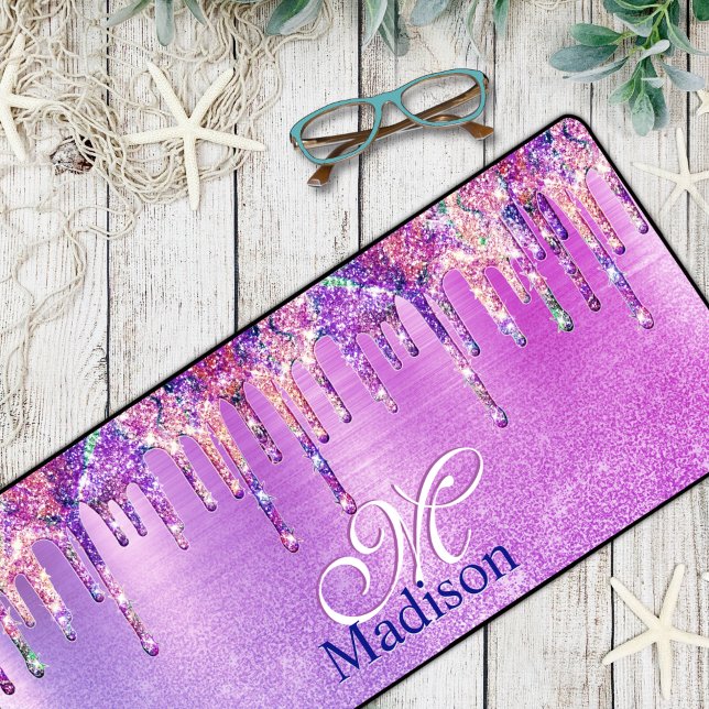 Chic purple pink ombre glitter drips monogram note desk mat (Creator Uploaded)