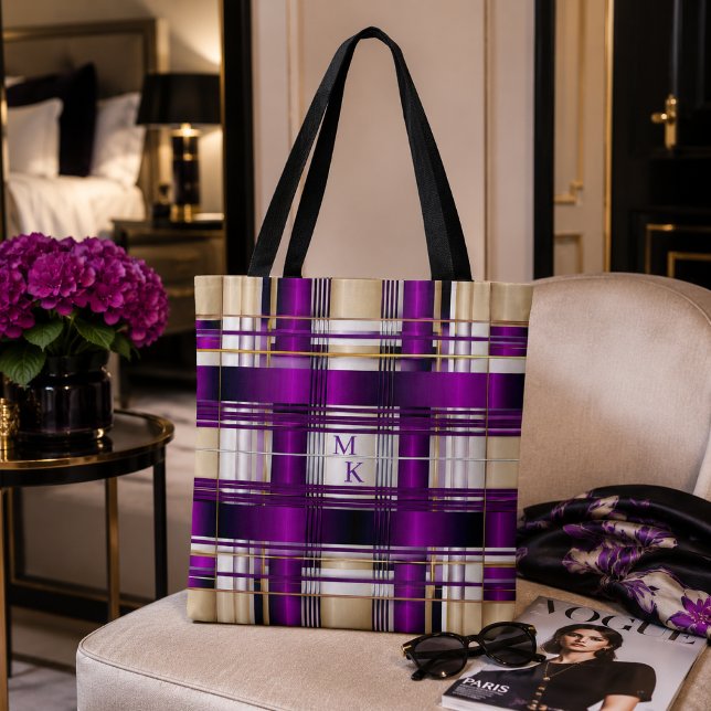 Chic Purple Plaid Monogram Tote Bag (Stylish Purple Plaid Monogrammed Tote)