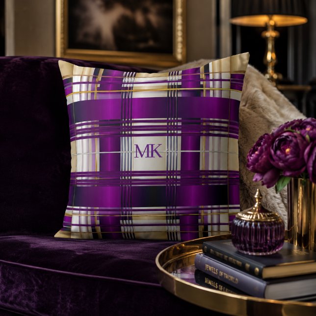 Chic Purple Plaid Personalised Throw Pillow (Classic Purple Plaid Monogrammed Decorative Throw Pillow )