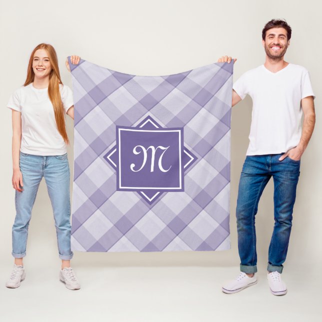 Chic Purple Plaid With Modern Diagonal Monogram Fleece Blanket (In Situ)