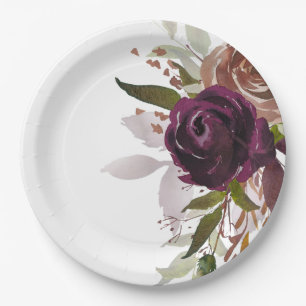Chic Purple Plum and Gold Floral Wedding Paper Plate