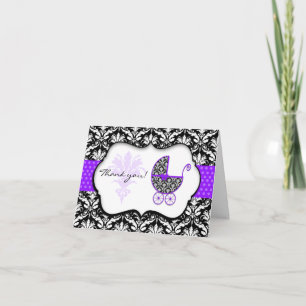 Chic Purple Polka Dot Damask Baby Shower Thank You Card