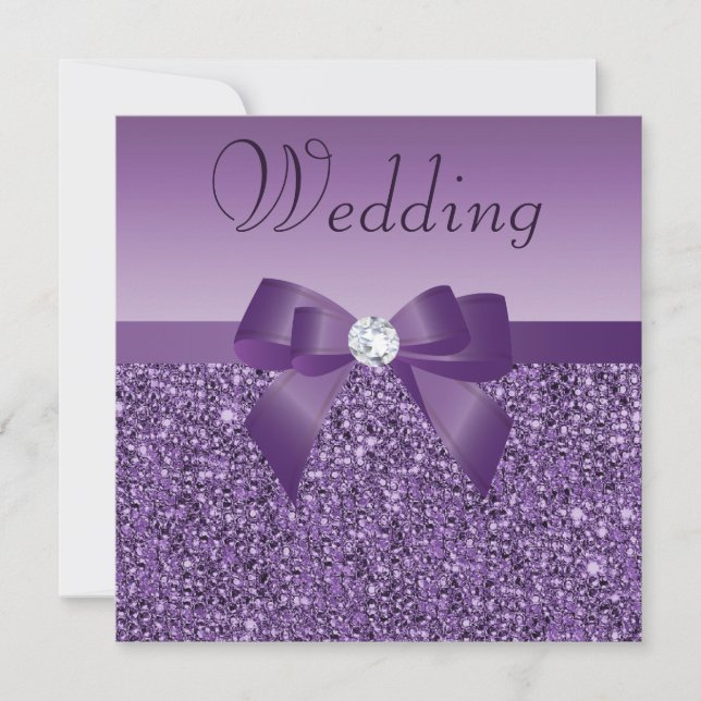 Chic Purple Printed Sequins Bow & Diamond Wedding Invitation (Front)