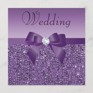 Chic Purple Printed Sequins Bow & Diamond Wedding Invitation
