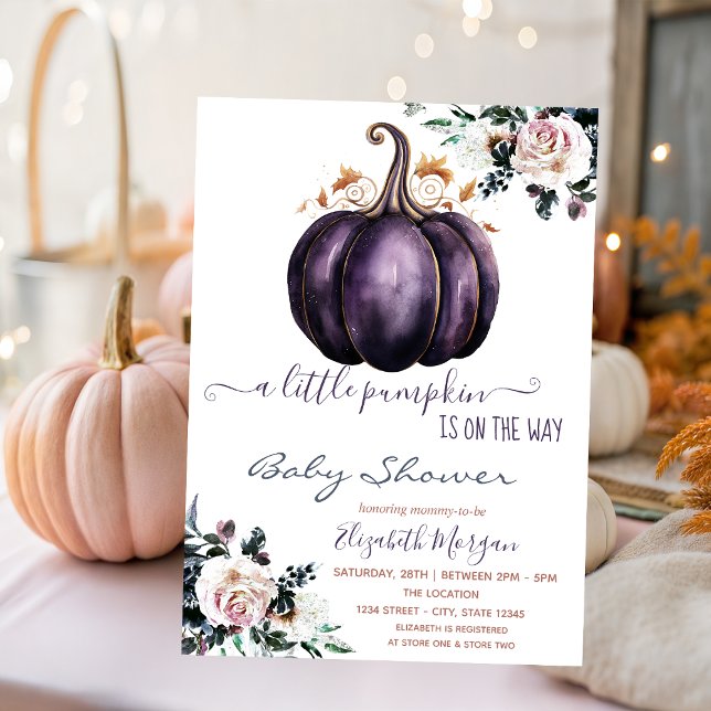 Chic Purple Pumpkin Flowers,Dotted Baby Shower  Invitation (Creator Uploaded)
