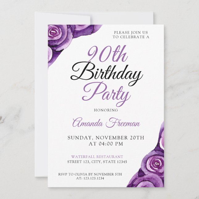 Chic Purple Rose 90th Birthday Invitation (Front)