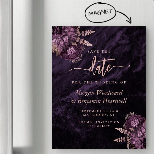 Chic Purple Rose Gold Floral Wedding Save the Date Magnetic Invitation (Creator Uploaded)