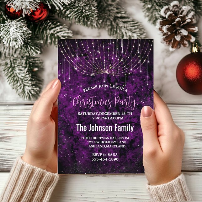Chic purple silver faux glitter Christmas lights  Invitation (Creator Uploaded)