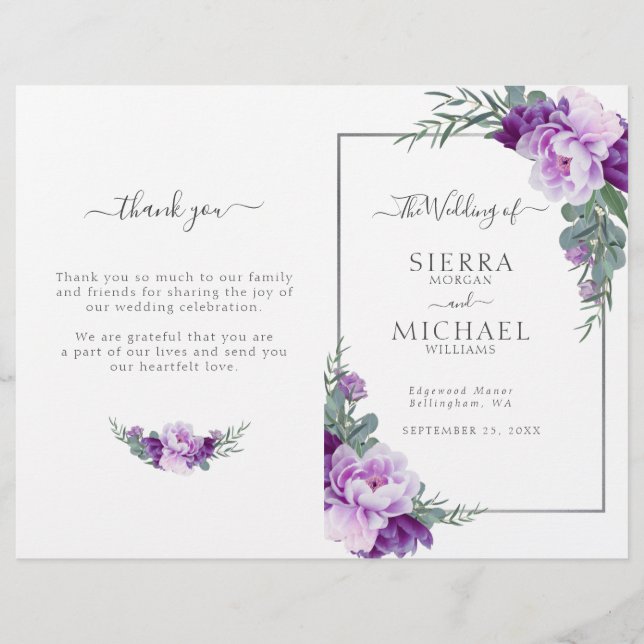 Chic Purple Silver Floral Folded Wedding Program (Front)